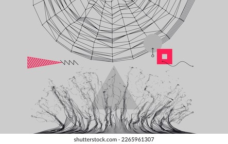 Array with dynamic emitted particles. Cobweb or spider web. Network background. Connection structure. Abstract vector illustration. Design for banner, flyer, poster, cover or brochure.