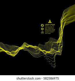 Array with Dynamic Emitted Particles. Flowing Particle Waves. Abstract Science or Technology Background. Graphic Design. Motion Vector Illustration.