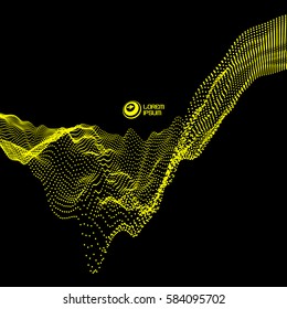Array with Dynamic Emitted Particles. Flowing Particle Waves. Abstract Science or Technology Background. Graphic Design. Motion Vector Illustration.  