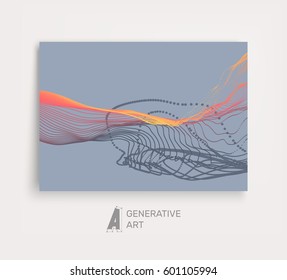 Array with Dynamic Emitted Particles. Flowing Particle Waves. Textbook, booklet or notebook mockup. Business brochure. Cover design template. Generative art. Vector Illustration. 
