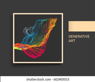 Array with Dynamic Emitted Particles. Flowing Particle Waves. Textbook, booklet or notebook mockup. Business brochure. Cover design template. Generative art. Vector Illustration.