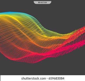 Array with Dynamic Emitted Particles. Flowing Particle Waves. Abstract Science or Technology Background. Graphic Design. 3D Technology Style. Motion Vector Illustration.  