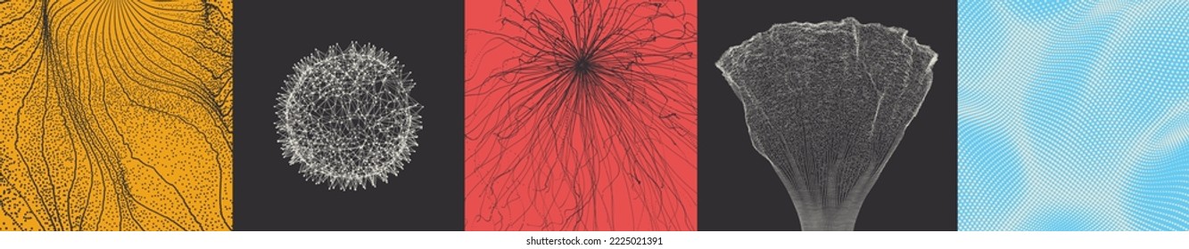 Array with dynamic emitted particles. Splash imitation. Sphere. Water surface. Abstract science or technology background. 3D illustration for brochure, presentation or banner.