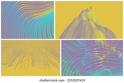 Array with dynamic emitted particles. Water splash imitation. Abstract background. Circular grid pattern. Mountain peak. 3D vector illustration for brochure, poster, presentation, flyer or banner.