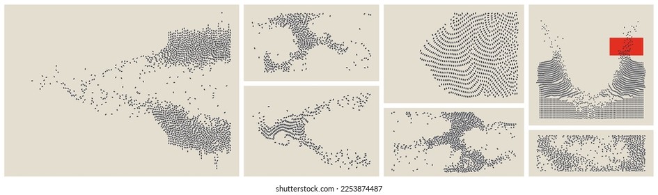 Array with dynamic emitted particles. Water splash imitation. Modern science and technology background. Chaotic ovals in empty space. Motion vector illustration for brochure, poster, flyer or banner.