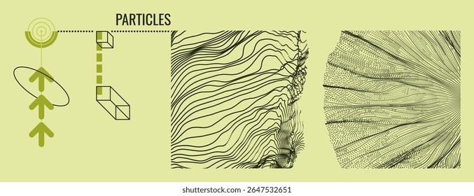 Array with dynamic emitted particles. Water splash imitation. Abstract background. Big data. The arrows point towards the target. Vector for brochure, poster, presentation, cover, flyer or banner.