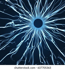 Array with dynamic particles. 3D technology style. Abstract background. Vector illustration.