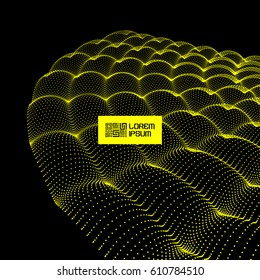 Matriz com Partículas Dinâmicas. Ondas de partículas fluindo. Plano de Fundo de Grade Ondulada. Ilustração vetorial abstrata 3d.