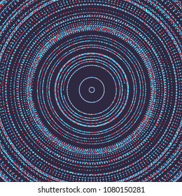 Array with dynamic particles of small particles in circle. Modern science and technology element. Radial structure. Abstract dotted background. Vector illustration. 