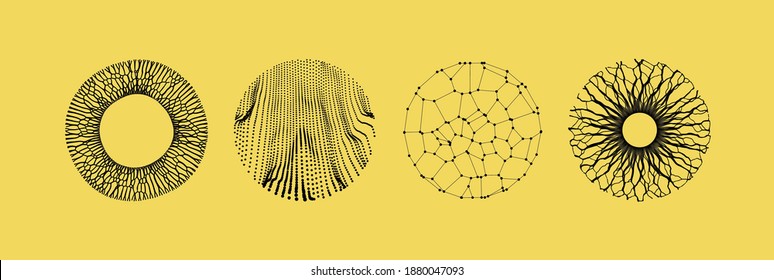 Array mit dynamischen Teilchen kleiner Partikel im Kreis. Modernes wissenschaftliches und technologisches Element. Abstrakter gepunkteter Hintergrund. Vektorgrafik.