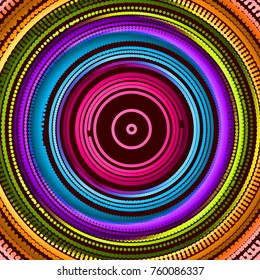 Array with dynamic particles of small particles in circle. Modern science and technology element. Radial structure. Abstract dotted background. Vector illustration. 