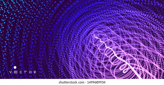 Array with dynamic particles. Swirl with connected dots. Abstract science or technology background. 3d vector illustration. 