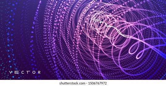 Array with dynamic particles. Swirl with connected dots. Abstract science or technology background. 3d vector illustration. 
