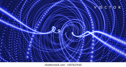 Array with dynamic particles. Swirl with connected dots. Abstract science or technology background. 3d vector illustration. 