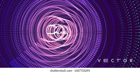 Array with dynamic particles. Swirl with connected dots. Abstract science or technology background. 3d vector illustration. 
