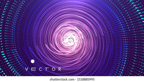 Array with dynamic particles. Swirl with connected dots. Abstract science or technology background. 3d vector illustration. 