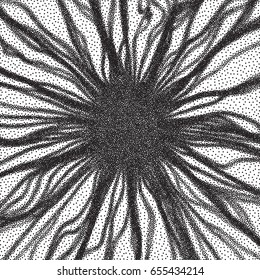 Array with Dynamic Particles. Technology Style. Black and white grainy dotwork design. Pointillism pattern. Stippled vector illustration.
