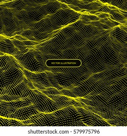 Array with Dynamic Particles. Yellow abstract background. 3d Futuristic technology style. Texture. Vector Illustration.