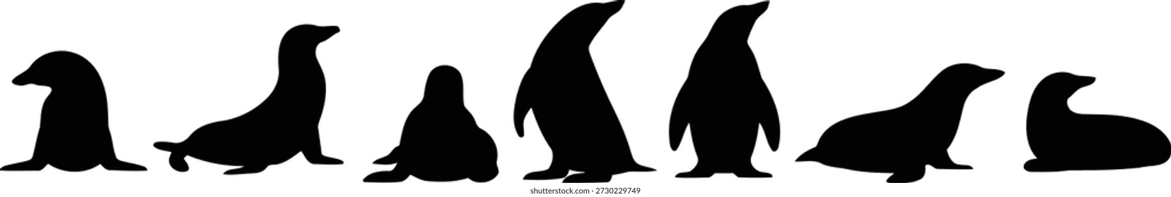 An array of eight black seal and sea lion silhouettes presented in diverse resting and standing positions on a pristine white surface.