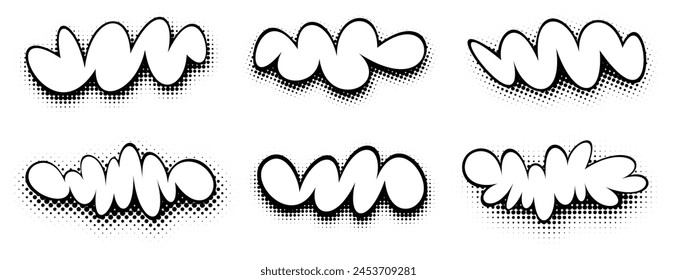 An array of energetic, cloud-like comic book speech bubbles with halftone shading, perfect for emphasizing motion and sound in illustrations.