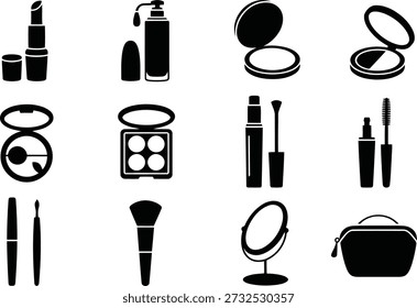 Uma variedade de ícones de produtos de beleza essenciais em silhuetas pretas elegantes, perfeitas para ilustrar temas cosméticos e conceitos de cuidados pessoais.