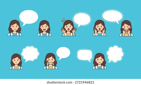 Array of female character facial expressions with speech bubbles showing various emotions like surprise, happiness, and sadness.