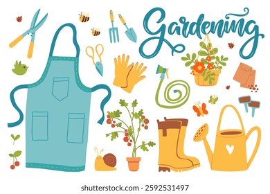 An array of gardening tools, equipment, and decorations creatively illustrated in a colorful hand-drawn style, ideal for garden-related concepts and designs.