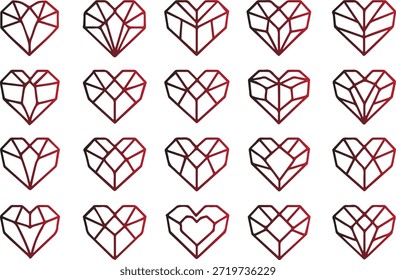 Una variedad de corazones geométricos en diferentes diseños poligonales representados en contornos rojos sobre un fondo blanco claro presenta