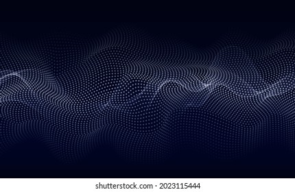 Array of glowing dots in the form of a wave. Abstract wave design element. Floating waves of particles.
