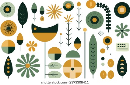 Array of green and yellow abstract geometric forms of birds flowers leaves, vector minimal illustration	
