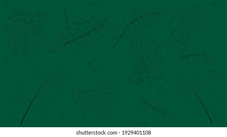 An array of greenery, natural looking plants for tropical, nature display. Hand drawn illustration of multiple green leaves on dark background for social media, aesthetic. 