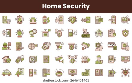 An array of home security icons featuring alarms, cameras, and safety tools, showcasing modern protection methods in a harmonious color palette.
