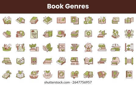 Uma série de ícones ilustrados representando vários gêneros de livros, com cores vibrantes e designs criativos que mostram a diversidade da literatura.