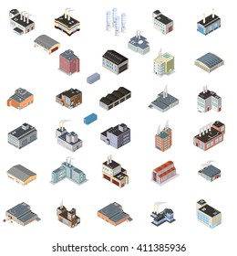 Array of industrial buildings and production industrial facilities.
Large illustration selection of vector isometric building icon set.
Industrial buildings.
