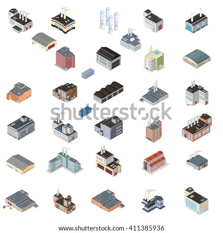 Array of industrial buildings and production industrial facilities.
Large illustration selection of vector isometric building icon set.
Industrial buildings.
