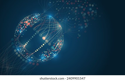An array of information in the form of a luminous sphere. Large data stream on a dark background, glowing lines and circles. Data set analysis and visualization. Abstract business analytics