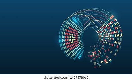 An array of information in the form of a luminous sphere. Large data stream on a dark background, glowing lines and circles. Data set analysis and visualization. Abstract business analytics