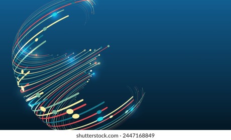 An array of information in the form of a luminous sphere. Large data stream on a dark background, glowing lines and circles. Data set analysis and visualization. Abstract business analytics