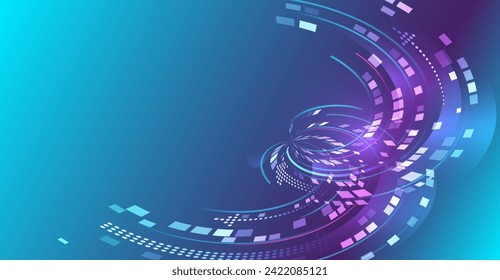 An array of information in the form of waves. Large data stream on a dark background, glowing lines and squares. Data set analysis and visualization. Abstract business analytics. 