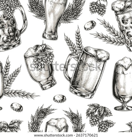 An array of intricately designed beer mugs filled with frothy beverages. Surrounding elements include hops and barley showcasing a lively brewing theme on a clean white backdrop.