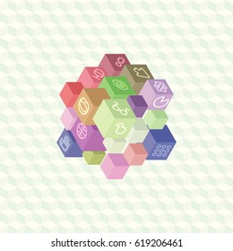 An array of isometric projection multi-colored cubes with social symbols on the edges for infographic. Flat material design for visual projects and presentations