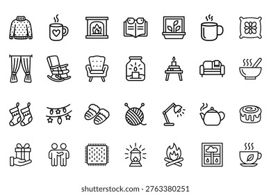 An array of line art icons depicting winter and home comfort items on a transparent background