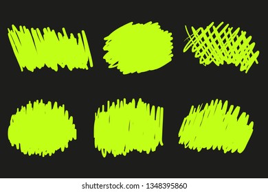 Array of lines on isolated black background. Abstract chaotic frames. Wavy backdrops. Hand drawn tangled patterns. Elements for design