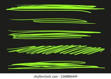 Array of lines on isolated black background. Chaotic sketches. Wavy backdrops. Hand drawn tangled patterns. Elements for design
