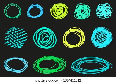Array of lines on isolated black background. Abstract chaotic frames. Wavy backdrops. Hand drawn tangled patterns. Elements for design