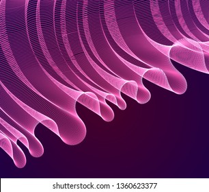Array of magic particles flowing over dark, dynamic wave transparent tulle textile on wind. 3d vector illustration. Mesh round dots, beautiful relaxing wallpaper illustration.