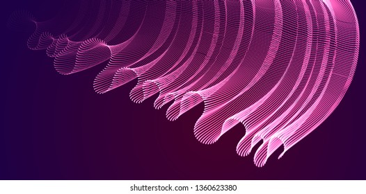 Array of magic particles flowing over dark, dynamic wave transparent tulle textile on wind. 3d vector illustration. Mesh round dots, beautiful relaxing wallpaper illustration.