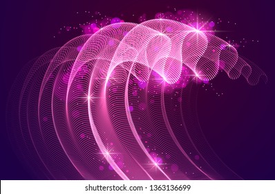 Array of magic particles flowing over dark, dynamic wave transparent tulle textile on wind. 3d vector illustration. Mesh round dots, beautiful relaxing wallpaper illustration.