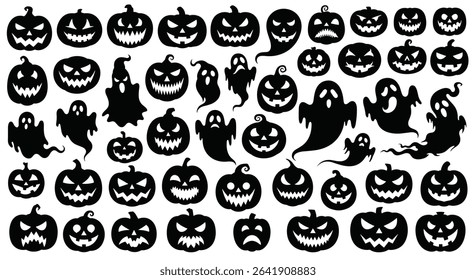 An Array of Many Halloween Pumpkin And Ghost Silhouettes For Holiday Decorations And Celebration