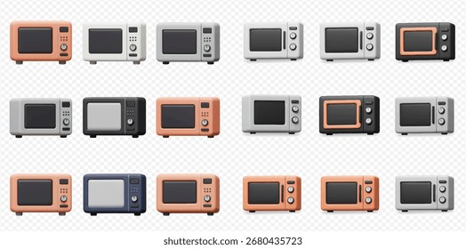 An array of microwaves in various colors, including gray, black, white, and peach, are displayed against a transparent background.  